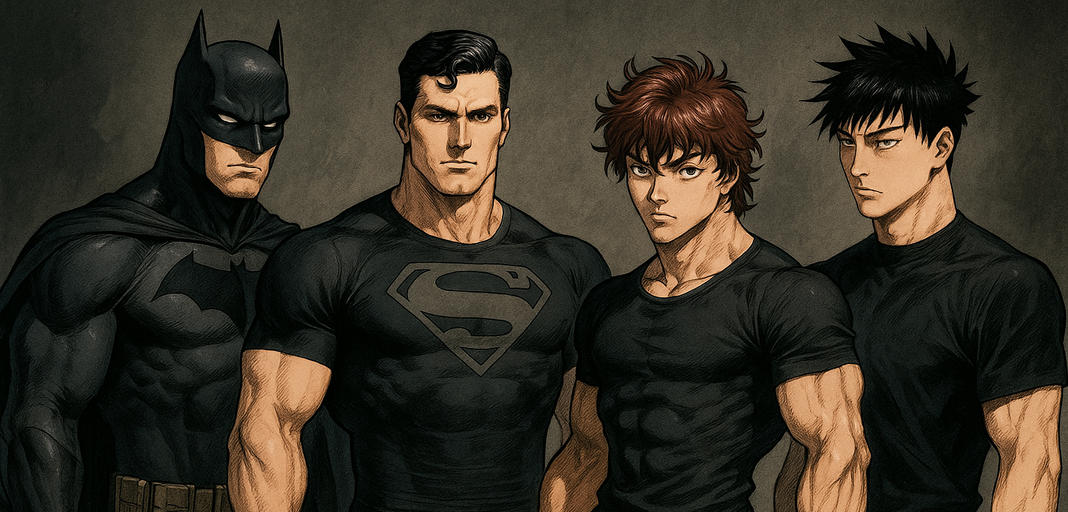 Super-héros et personnages de manga en t-shirts de compression noirs